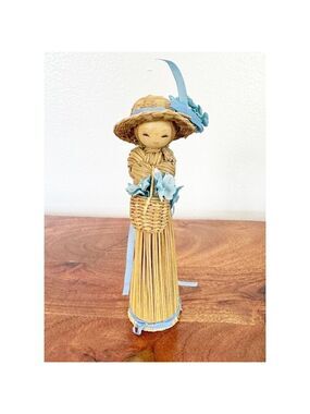 Vintage Korean Straw Doll With Wood Base RARE Folk Art